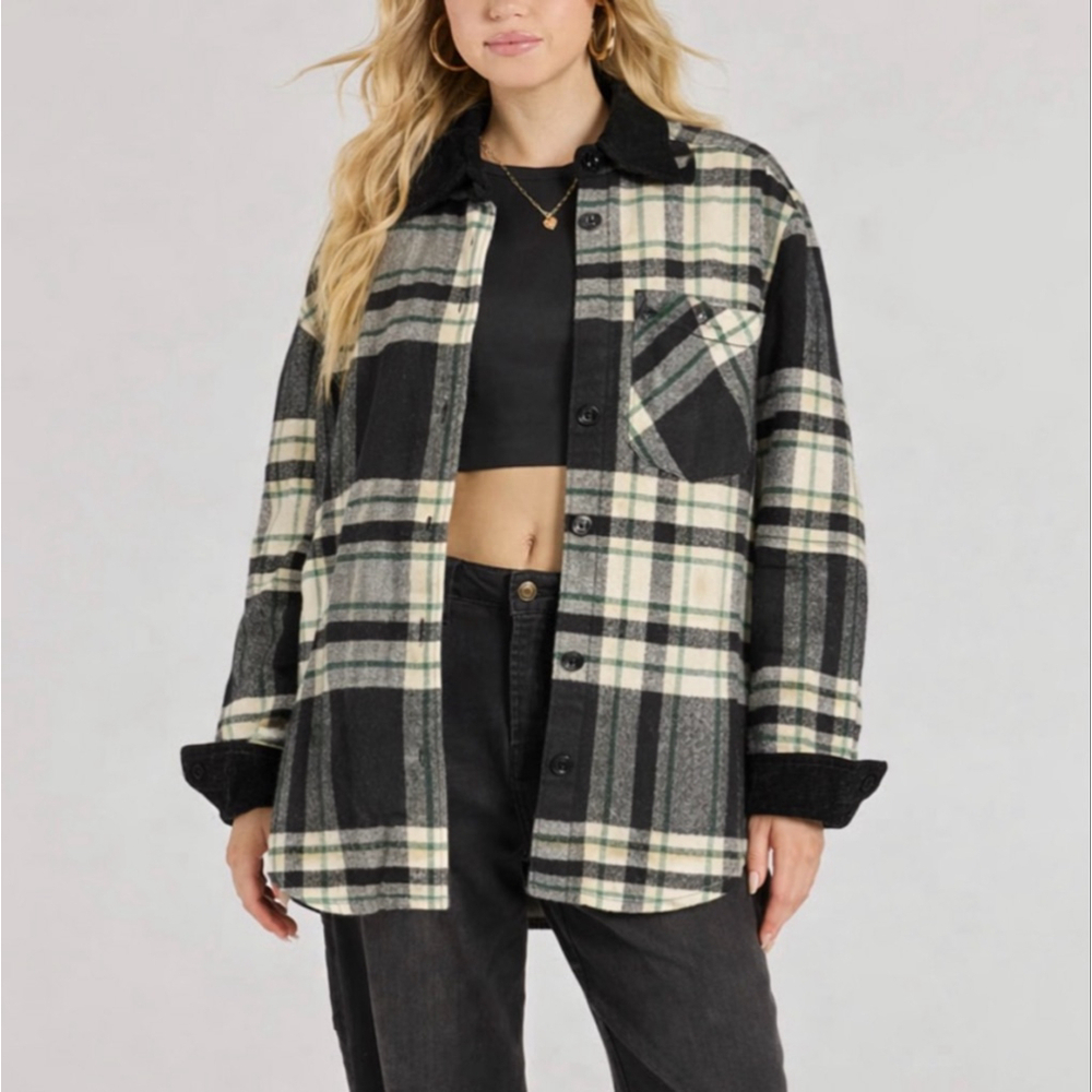 La Femme Plaid Utility Jacket M Black Beige